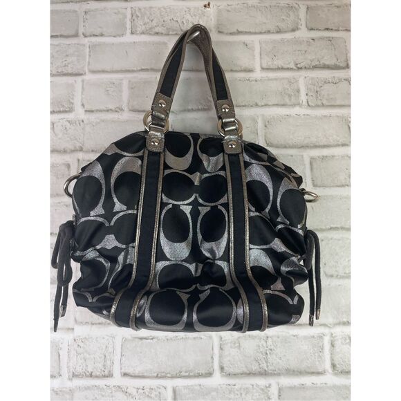 Coach Poppy Glam Tote Style 15443 Black Signature Shimmer with Magenta Lining - Picture 2 of 11